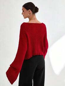 EURMUSE Woman Solid Color Boat Neck Rib Knit Long Sleeve Sweater,Jumper,Cream Jumper,Jumpers For Women,Jumpers,Black Jumper,Womens Jumper,White Jumper,Women's Jumper,Women's Jumpers,Winter Clothes - Red - View 2