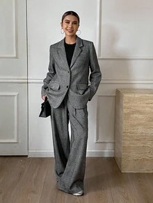 Livesso Women's Loose Business Casual Suit Set, Includes Straight Leg Pants And Gray Blazer, Elegant Office Wear For Autumn/Winter Lounge Sets For Women - Dark Grey - View 1