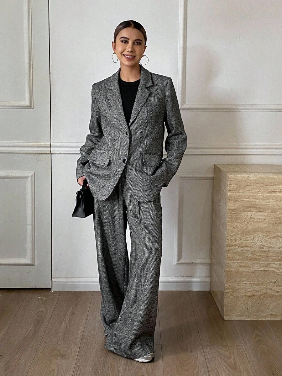 Livesso Women's Loose Business Casual Suit Set, Includes Straight Leg Pants And Gray Blazer, Elegant Office Wear For Autumn/Winter Lounge Sets For Women - Dark Grey - View 1