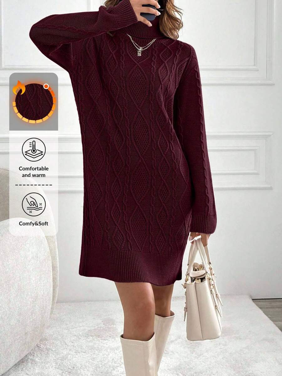 EURMUSE Knitwear Dress With Folded Neck And Cable Pattern,Winter Dresses For Women,Petite