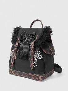 ROMWE Grunge Punk Leopard Print Bow Lace Backpack - Black - View 2