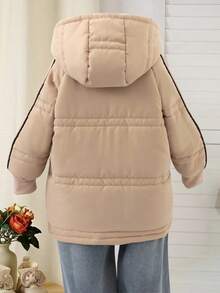 女童卡其色加厚中长款棉服，百搭冬季连帽棉服 - 卡其色 - 查看 2