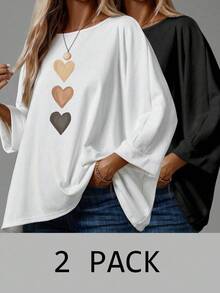 EMERY ROSE 2 piezas Camiseta gráfica minimalista casual marrón con patrón de corazón pintado a mano de 3 colores - Multicolor - Ver 1