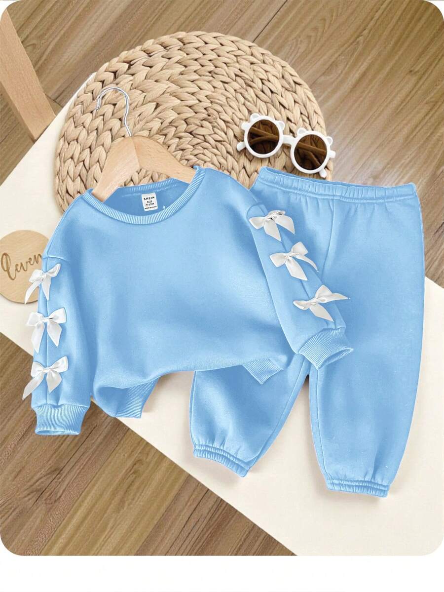 2pcs Baby Girl Cute Blue Bow Long Sleeve Sweatshirt & Elastic Waist Pants Set, Autumn/Winter - Blue - View 1