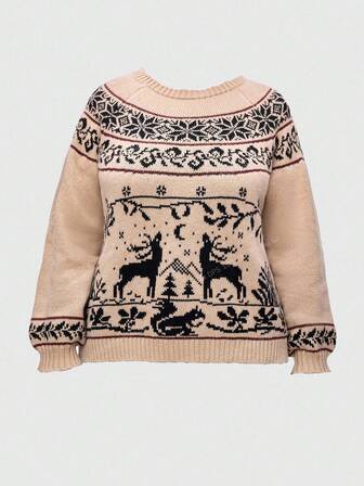 Fairycore Große Größen Pullover mit Hirschmuster, Rundhalsausschnitt, Herbst/Winter