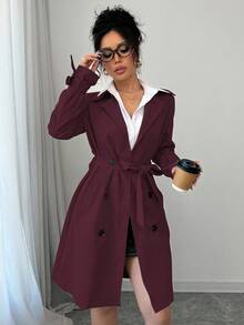 Chiquease 女式休闲缺口领双排扣风衣，秋季 - 紅色 - 查看 6