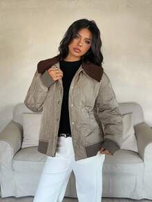 Aloruh 谷仓风格拼布领常规版型长袖女士棉衣秋冬装 - 軍綠色 - 查看 4