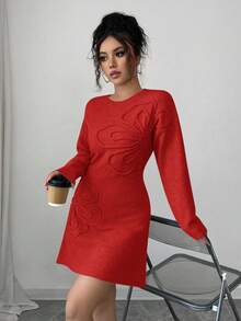 Elenzga 圣诞节和秋冬新款优雅女士圆领长袖超大刺绣花卉长款毛衣裙，适合多种场合和季节 - 紅色 - 查看 4