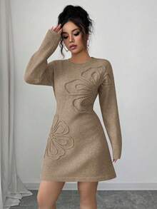 Elenzga Elegant Solid Color 3D Floral Knit Dress, Autumn/Winter - Khaki - View 5