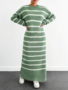 EURMUSE Striped Contrast Color Pullover Loose Knit Long Sleeve Sweater Dress - Mint Green - View 3