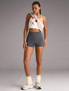 SHEIN BAE Women's Sports Shorts With Ruched Waist, Sexy Lifting, Yoga & Fitness Elastic & ComfortableWomen Sweat Short, Gym Short, Biker Short - Dark Grey - View 10