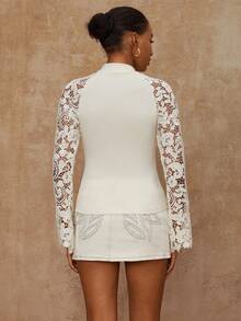 SHEIN Privé VITNOS Luxury Women's Elegant Lace Sleeves Jersey Shirt Top, Chic Autumn, Fall New Style Women, Gala Night, Casual, Weekend, Old Money Aesthetic, Lace Now, Fall Looks, Fashionable This Autumn Winter, Delicate Romance, Business Casual, Cool Girl Night Out, Elegant, Autumn Winter Work Style, Easy Comfort, Suitable For Dates, Going Out, Night Out, Weddings, Holiday, Vacation, Birthday - Apricot - View 3