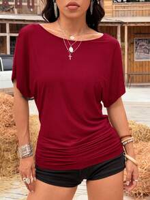 SHEIN EZwear Weinrotes gestricktes Damen Rundhals Fledermaus Kurzarm Raffung T-Shirt