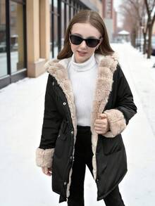 SHEIN 青少年女孩休闲棉衣，带保暖衬里，撞色蓬松装饰兜帽，腰部抽绳，口袋，中长款，黑色，适合秋冬季 - 黑色 - 查看 5