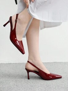 CUCCOO BIZCHIC 女士尖头细高跟酒红色后系带露跟时尚简约高跟鞋，适合日常穿着和通勤