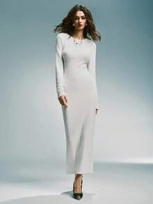 Chiquease Long Sleeve Fitted Fuzzy Textured Tie-Up Contrast Color Women Dress - White - View 2