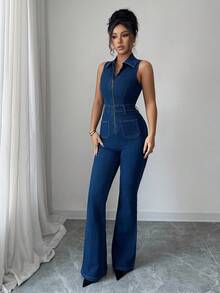 Siren Gaze 女式性感無袖彈性牛仔連身褲,藍色 - 中等水洗藍 - 查看 4