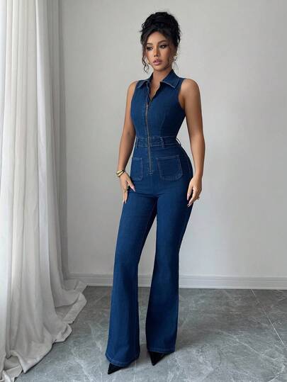 Siren Gaze Women's Sexy Sleeveless Denim Jumpsuit With Elasticity And Pants, Blue