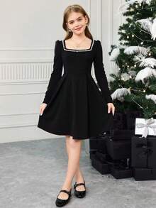 Serisse Kids 青少年女孩优雅圆领铆钉长袖收腰 A 字连衣裙，休闲日常穿着，返校，黑色，适合万圣节、圣诞节、新年 - 黑色 - 查看 3