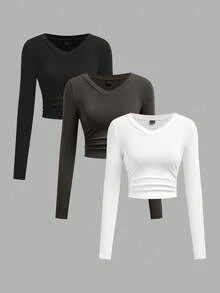 Tseoso 3 件装百搭黑、白、灰色 V 领褶皱腰长袖修身休闲 T 恤女上衣，95% 纯棉 - 彩色 - 查看 11