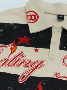 ROMWE MEN Street Life 男士街头图案印花条纹 Polo 领长袖 T 恤，秋冬 - 彩色 - 查看 5