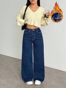 SHEIN ICON Women's Casual Winter Thermal Lined Straight Leg Jeans - Dark Wash - View 5