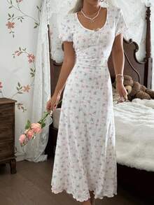 CottageSlumber 花卉蝴蝶结装饰修身女式连衣裙 - 白色 - 查看 4