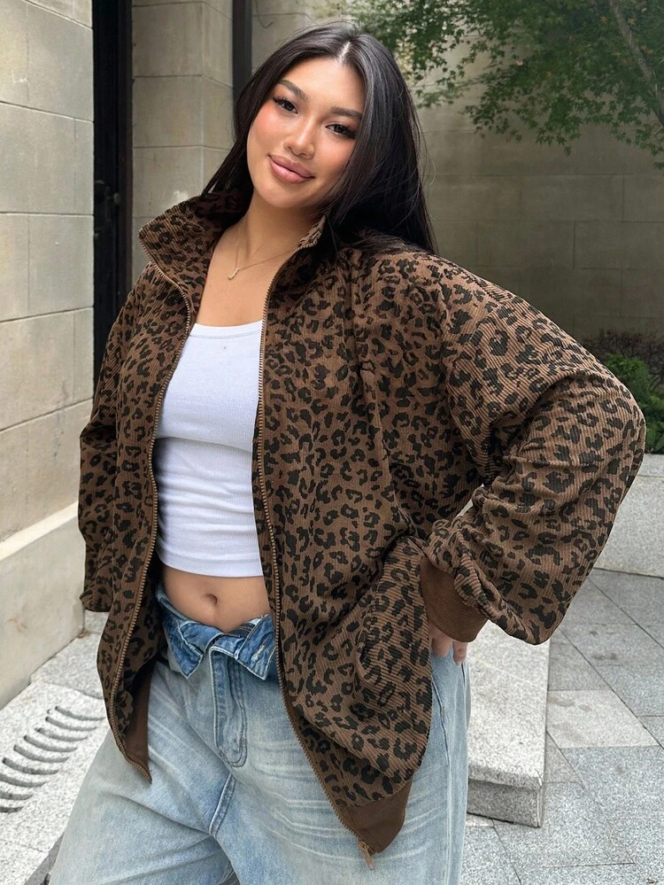 Dazy Plus Plus Size Women Zip-Up Leopard Print Loose Fit Pullover Sweatshirt, Street Style