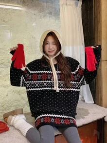 DAZY Conjunto Casual de 2 Peças com Suéter de Malha Folgado de Manga Longa com Estampa de Floco de Neve e Saia Midi de Malha, Outono/Inverno, Natal, Ano Novo - Multicolorido - Visão 5