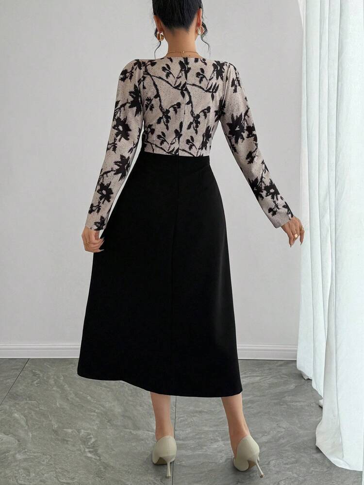 Women's Elegant Patchwork Square Collar Puff Sleeve Mid-Length Dress, Autumn Maxi Dress