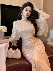 DAZY Elegant Sequin Ruffle Sleeve Round Neck Mermaid Midi Dress For Women Prom Dress Summer Women Dresses Sparkly Dress - Apricot - View 8