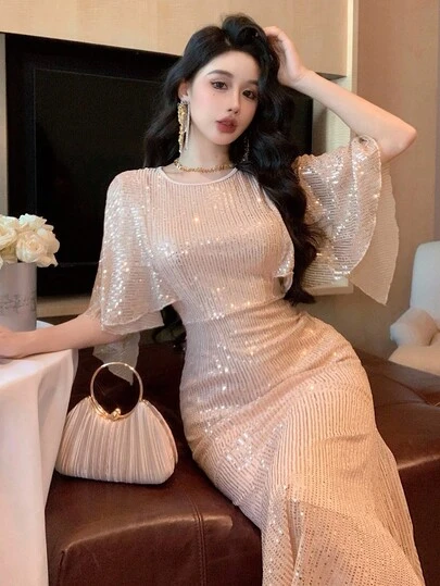 DAZY 优雅亮片荷叶袖圆领美人鱼中长连衣裙，适合女士参加舞会，夏季女装，闪亮连衣裙