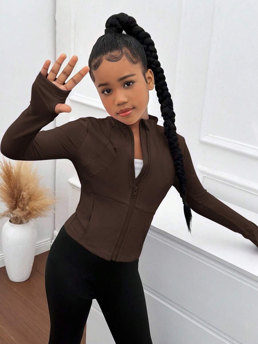 SHEIN Tween 女童拉链轻便运动夹克，修身运动外套，适合跑步、健身、瑜伽秋冬服装 Girlomen