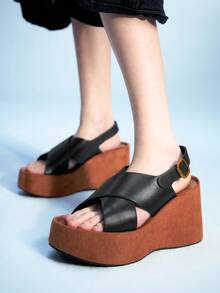 Sugerpunk 女士休闲坡跟厚底凉鞋，显瘦增高 - 黑色 - 查看 3