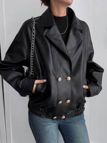 DAZY Women's Casual Solid Color PU Blazer Jacket, Autumn Leather Jacket - Black - View 8
