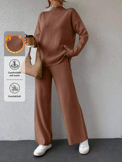 EURMUSE 2pcs Women Knitted Top And Pants Set, Solid Color Long Sleeve Sweater And Long Trousers,Petite,Winter Clothes