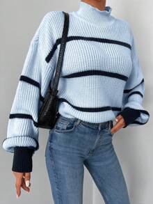 EURMUSE Women Stand Collar Striped Batwing Long Sleeve Loose Casual Sweater,Jumper,Cream Jumper,Jumpers,Black Jumper,Womens Jumper,White Jumper,Women's Jumper,Women's Jumpers,Winter Clothes - Baby Blue - View 5