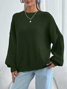 EURMUSE Women Solid Color Round Neck Drop Shoulder Chunky Pullover - Army Green - View 7
