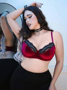 AltCore Sujetador push-up con aros, ribete de encaje en contraste de terciopelo, talla grande, realce - Burdeos - Ver 3