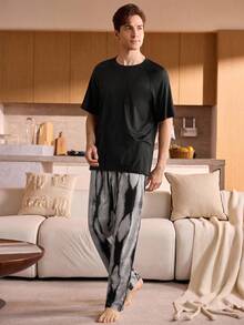 Manfinity Underwear&Sleepwear Basics Conjunto de pijama para hombre, ligero de manga corta y pantalón largo, conjunto de pijama suave y cómodo con bolsillos, otoño/invierno - Multicolor - Ver 3