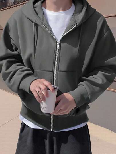 Claim Dot Plus Size Men Solid Color Hooded Zip-Up Long Sleeve Sweatshirt, Casual & Sports, Fall