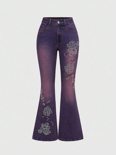 Fairycore Jeans de pierna ancha y ligeramente acampanada, de talle bajo, con bordado floral y lavado vintage