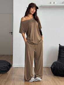 Coolane Trang phục dạo phố tối giản mùa hè dành cho nữ Trang phục cơ bản hàng ngày Đi chơi thể thao Áo phông trễ vai thoải mái và quần dài ống rộng Bộ đồ hai mảnh - màu nâu - Xem 4