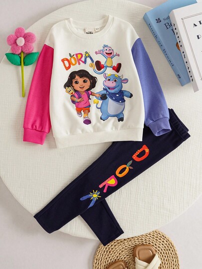 DORA | SHEIN 2pcs/Set Young Girl Cute Dora Cartoon Graphic Crew Neck Long Sleeve Sweatshirt & Letter Print Elastic Fitted Leggings Knit Sports Casual Outdoor Outfit