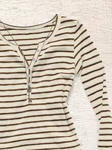 INAWLY Women's Casual Button Half Placket V-Neck Striped Long Sleeve T-Shirt - Apricot - View 5