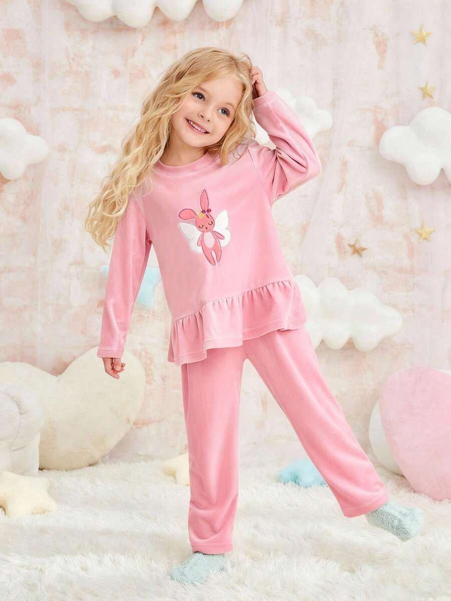 少女简约兔子刺绣长袖上衣和裤子羊毛休闲两件套睡衣套装，浅蓝色 - 粉色 - 查看 1