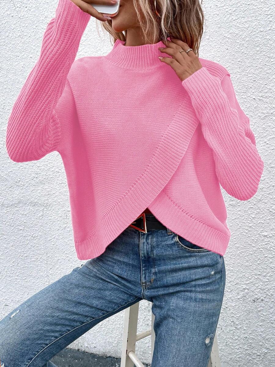 EMERY ROSE Women's Solid Color Stand Collar Drop Shoulder Long Sleeve Casual Pullover Sweater, Autumn/Winter - Pink - View 1