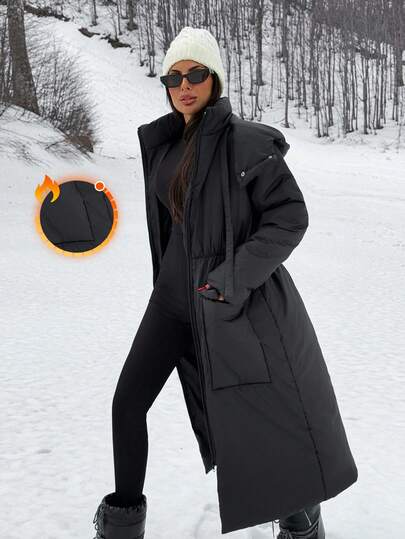 EURMUSE Plus Size Women's Puffer Hooded Versatile Padded Coat, Winter Women Clothes, Padded Coat Women, Casual Long Padded Coat Winter Coat Long Jacket For Women Cold Weather Clothes Women Long Coats For Women Outerwear Women