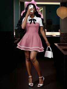 Slaydiva 2025 New Style Early Autumn And Summer Casual Street Hottie Style Sweet Girl Style Elegant Daily Date Birthday Party POLO Collar Bow Tie White Splicing Black 2 In 1 Design Multi-Layer Cake Skirt Ruffle Hem A-Style Skirt Mini Skirt Knitted Ladies Mini Dress-A