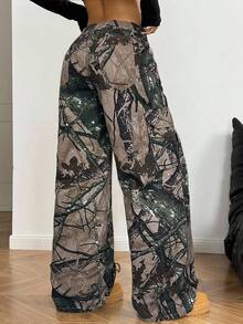 SHEIN Jeans ampi e larghi con vita bassa, stampa leopardata e mimetica, stile casual college americano Y2K per ragazze adolescenti, con fiocco e coulisse in vita, adatti per autunno/inverno, streetwear, rientro a scuola, ritorno a casa, Natale, Ognissanti, pantaloni leopardati - Verde militare - Visualizzare 2